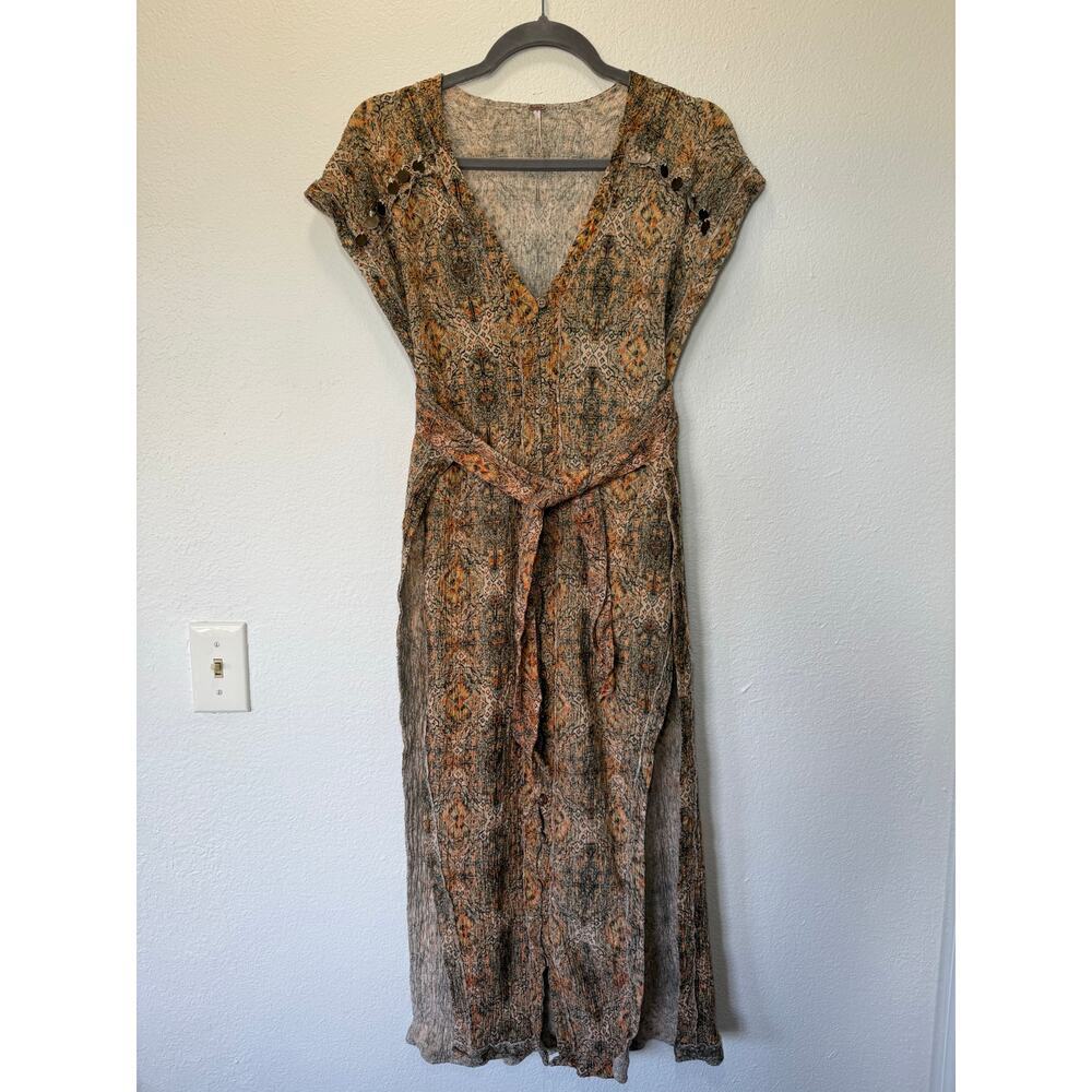 Free People Farrah Bohemian Printed Midi Dress Soft Peach Sz S Linen Blend Boho